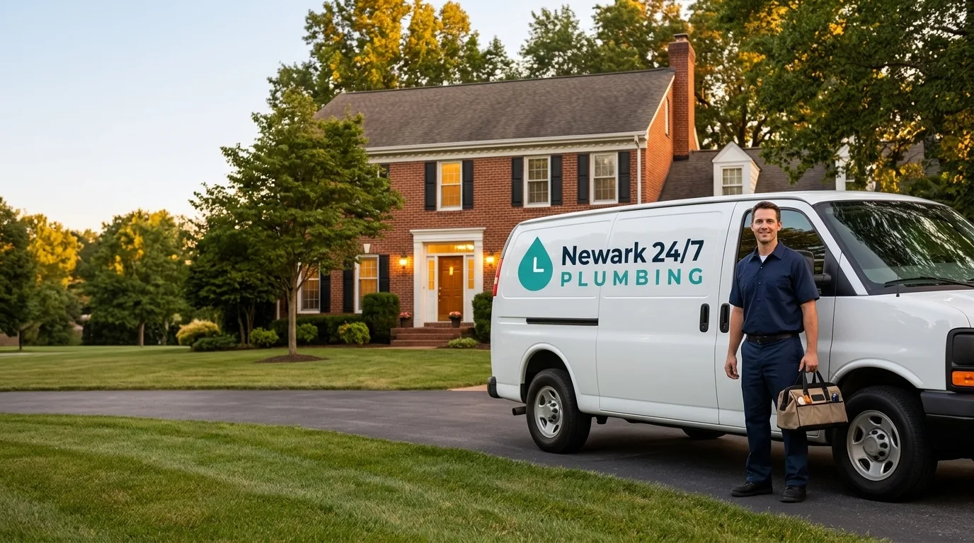 A plumber in a navy uniform holding a tool bag beside a Newark 24/7 Plumbing van outside a brick house