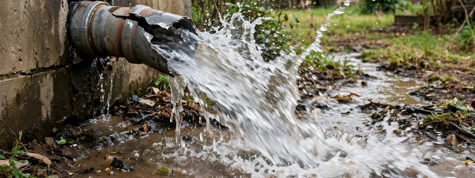 Water spraying from a burst pipe at a foundation wall into a yard