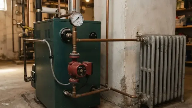 An older cast iron boiler with a pressure gauge, circulator pump and radiator in a basement