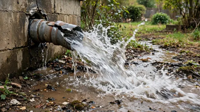 Water spraying from a burst pipe at a foundation wall into a yard