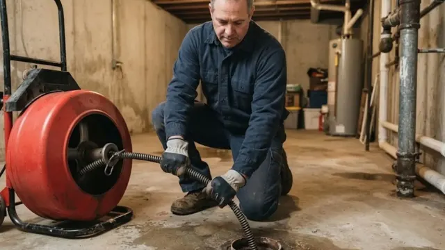 A plumber kneeling in a basement to feed a drain machine cable into a floor drain