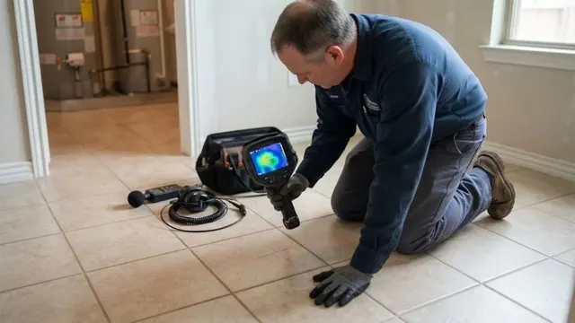 A plumber kneeling on a tile floor with a thermal imaging camera and listening gear