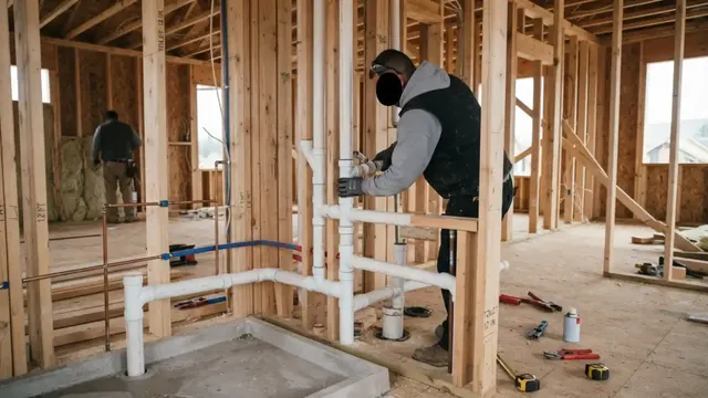 A plumber setting drain and supply piping in an open wall framing during new construction