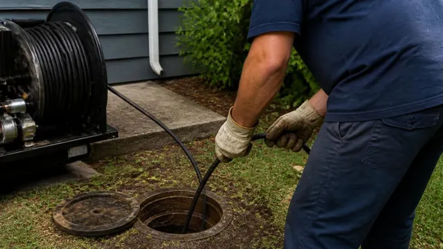 A plumber guiding a drain cable from a reel into a lawn cleanout