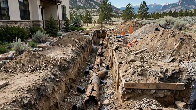 An open trench exposing an old sewer line in a front yard