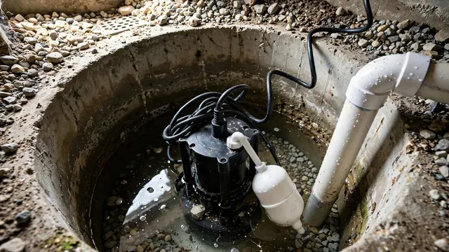 A submersible sump pump with a float switch and discharge pipe in a basement pit