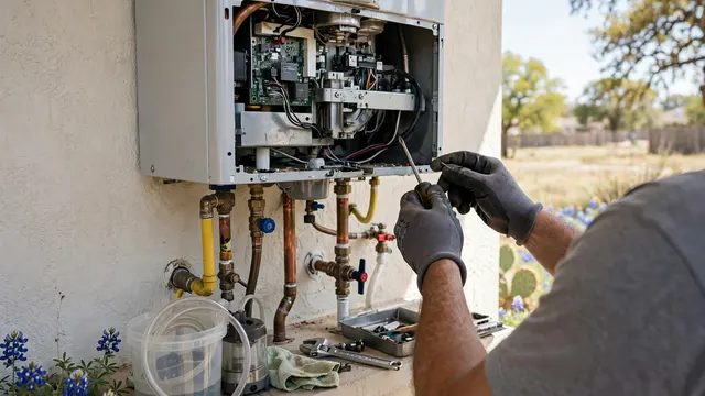 A technician servicing a wall-mounted tankless water heater with its front panel open