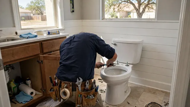 A plumber with a tool belt repairing a toilet in a bathroom