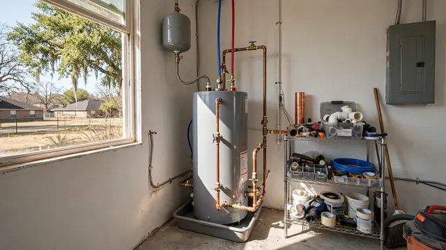 A new gas water heater with copper piping and an expansion tank in a utility room